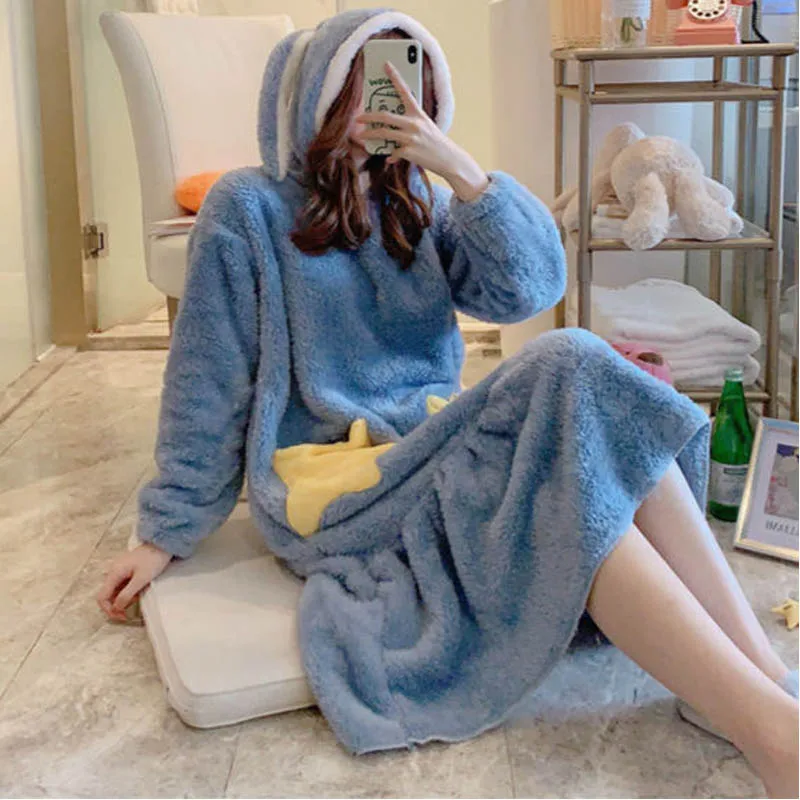 Women Nightgown Cute Animal Cartoon Nightdress Warm Winter Thickening Hooded Home Wear Clothes Velvet Sleep Lounge Night Dress