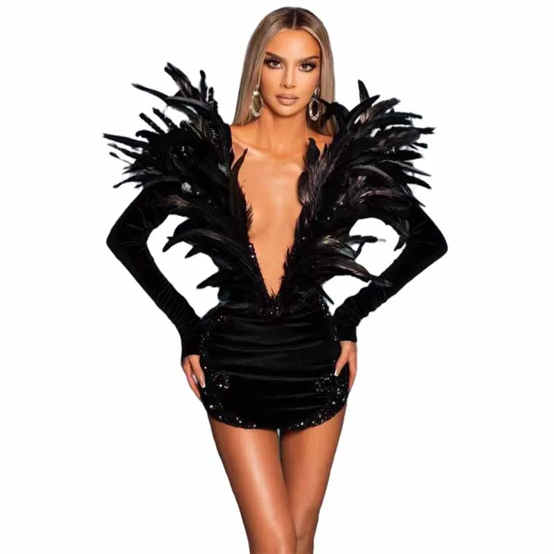

Wholesale Women's Black Long Sleeve Deep V-Neck Feathers Sexy Evening Wear Celebrity Cocktail Party Bandage Dress