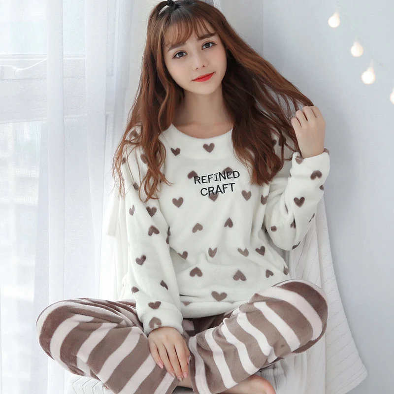 Корейские зимние женские пижамы, плотные фланелевые пижамные комплекты с принтом, Толстая теплая Пижама с надписью Love mujer, ночная рубашка для девочек, длинные штаны, одежда для сна - Цвет: R J bai tao xin