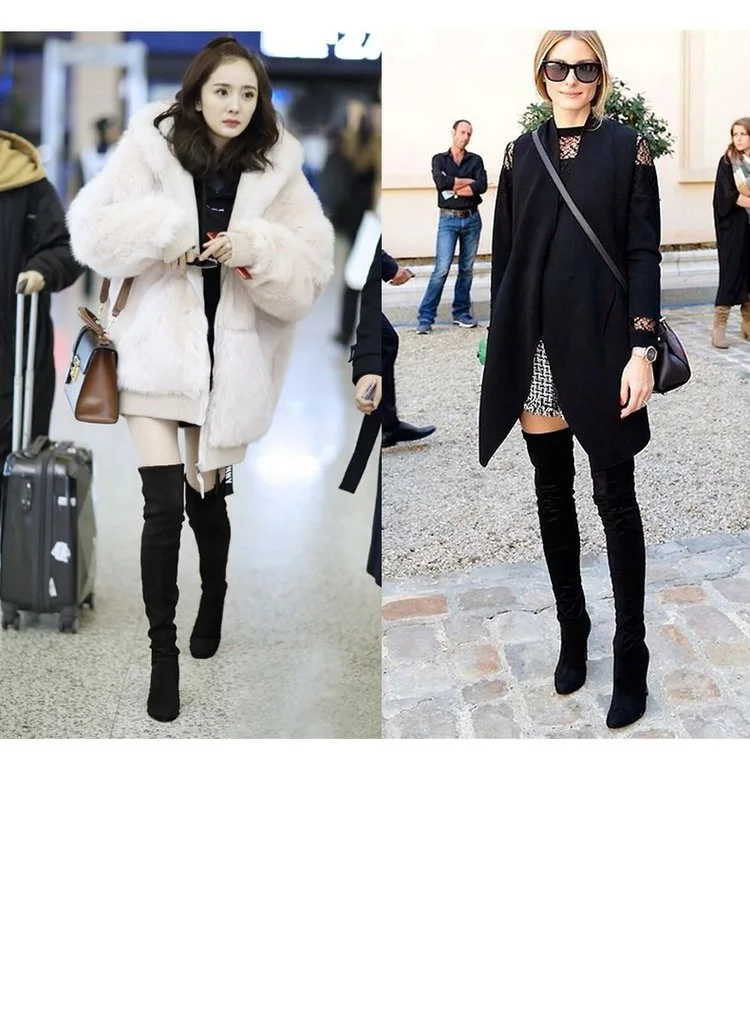 HOT Women Boot High Boots Suede Leather High Heels 7CM Over The Knee Warm Snow Female Boots Fashion Plus Size 34-43 Mujer