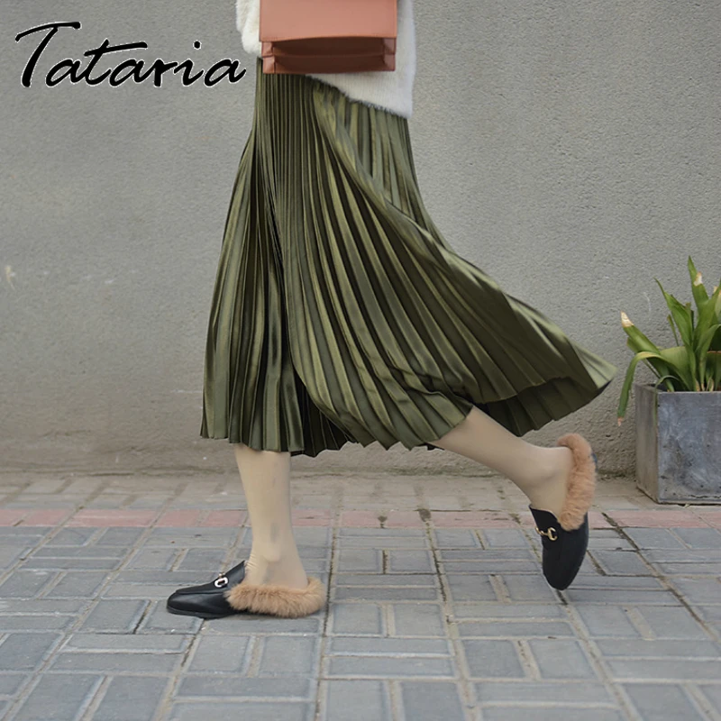 Tataria, шелковая юбка с высокой талией для женщин, градиентный цвет, юбка до середины икры, высокое качество, плиссированные юбки, трапециевидная женская школьная юбка