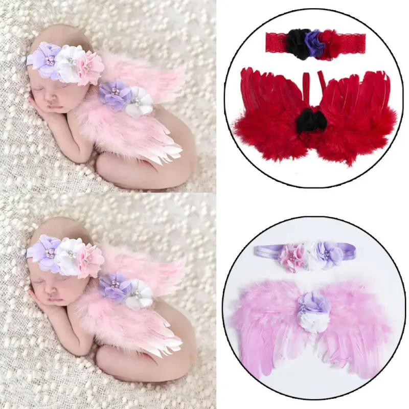 

Baby Knitted Photo Props Infant Handmade Costume Newborn Photography Props Infant 100 Days Costume Angel Wings Hairband Baby Set