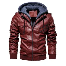 Fashion PU Jackets Men Spring Winter Warm Hooded Windbreaker Motorcycle Leather Jacket Male Baseball Zipper Pockets Coat Outwear