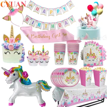 

Unicorn Party Supplies Tableware Set Unicorni Tablecloth Paper Cup Napkins Banner Cake Topper Wedding Baby Shower Decorations