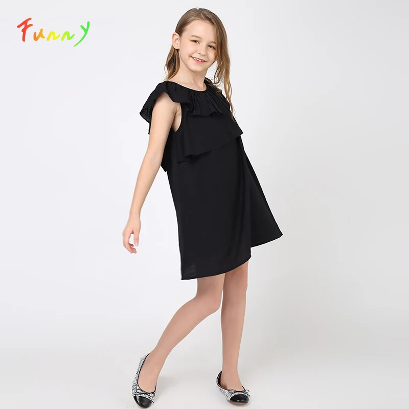 

Soild Black Layered Ruffle Girls Dresses Back V Neck with Bow Princess Dress Girl Cotton A Line Party Dress Robe Fille