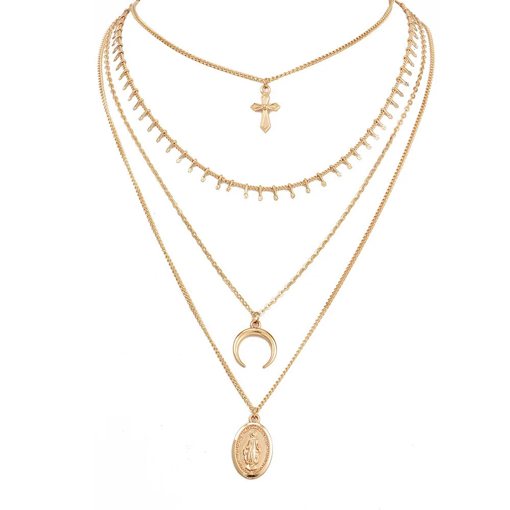 Бохо золотой крест Луна колье ожерелье s& Кулоны для женщин модное многослойное ожерелье с Девой Марией наборы аксессуары вечерние ювелирные изделия