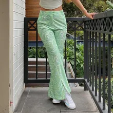 

2021 Y2K Women Spring High Waist Tie Dye Print Pants Green Summer Fashion Wide Leg 90s Trousers Zipper Vintage Oversize Harajuku