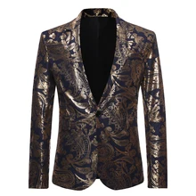 Мужская одна кнопка печать золотой фольгой костюм свадебный повседневный мужской блейзер золотой цветочный принт плюс размер
