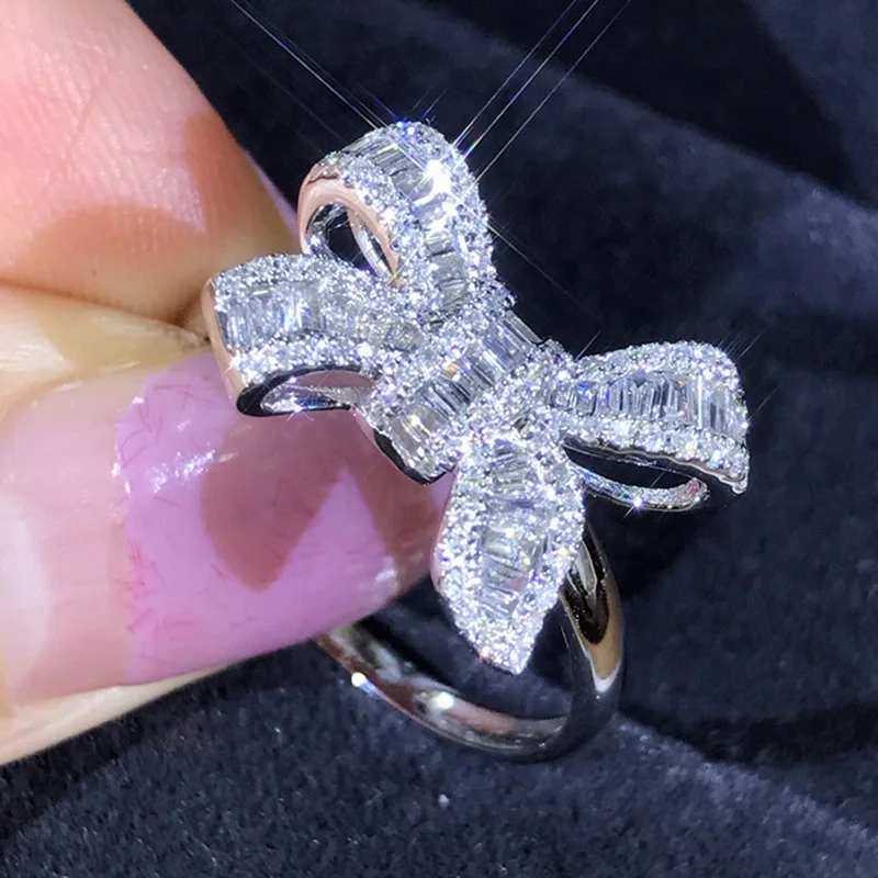 Exquisite Fancy Ring Silver Bow Female Simple Cocktail Cute Women`S Jewelry Drill Magic Valentine's Day present | Украшения и