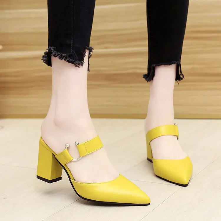 

2020 Spring And Summer New Style Pointed-Toe High Heels Women's Semi-high Heeled Slippers Korean-style Metallic Decoration Close