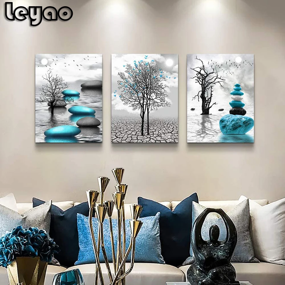 Blue Stone Abstract Tree Diamond Painting Full Square Round  Diamond Embroidery Triptych Scenery Rhinestone Mosaic Manual Hobby