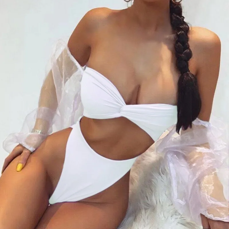 

High Waist Bikini Suit Long Puff Sleeve Women's Set Female Mesh Swimwear Bandeau Micro Biquini Bathing Suit Summer Bather Set
