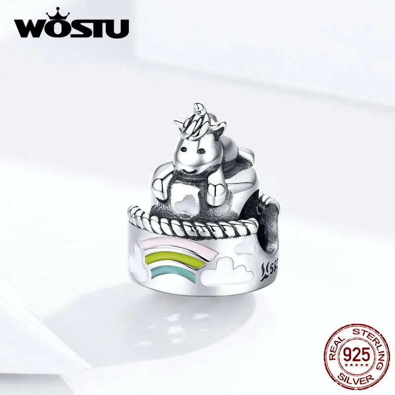 WOSTU Настоящее 925 пробы серебряный единорог день рождения бисер торт кулон подходит браслет талисманы серебро 925 ювелирные изделия DXC1311