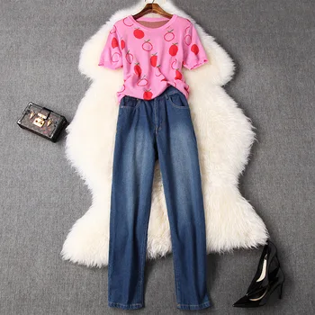 

Two Piece Set Top And Pants Women Spring Summer 2020 New Fruit Printed Round Neck Short Sleeved Knitted Top + Denim Pants Suit