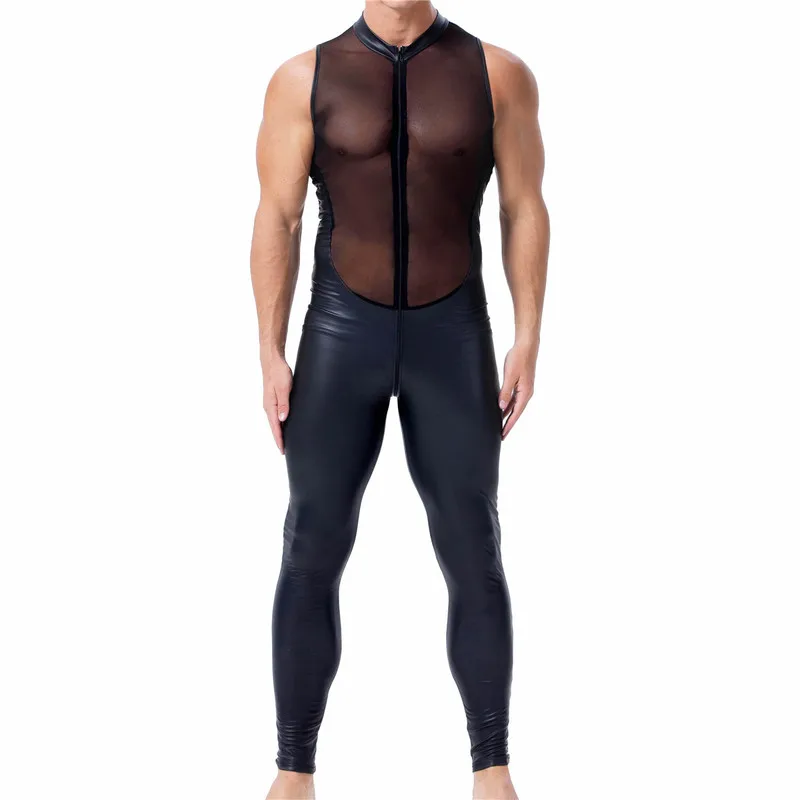 

Vest Mens Undershirts Faux Leather Sexy Gay Singlet Mesh Bodysuit Jumpsuit Wrestling Suit One-piece Leotard Party Night Clubwear