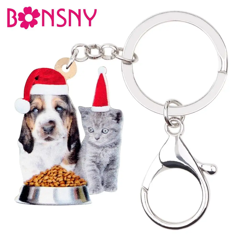 Bonsny акриловые рождественские кольца для ключей с изображением собаки кошки