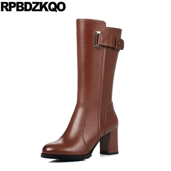 

shoes chunky brown metal block knee high heel autumn tall fall round toe long fur handmade faux women boots winter 2019 black