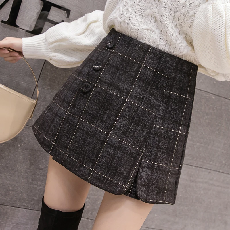 Black plaid Осень зима женские шерстяные шорты юбки корейские шикарные однобортные Клетчатые Шерстяные шорты дамские модные кюлоты - Цвет: Black plaid