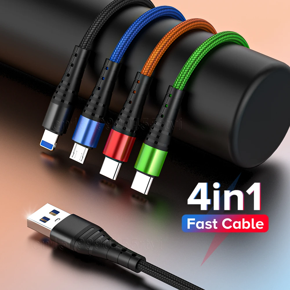 4 in 1 USB Type C Charging Cable for iPhone 13 12 11 Pro 3in1 2in1 USB Charging Cable Micro USB Cable for Huawei Samsung 1.2M android data cable