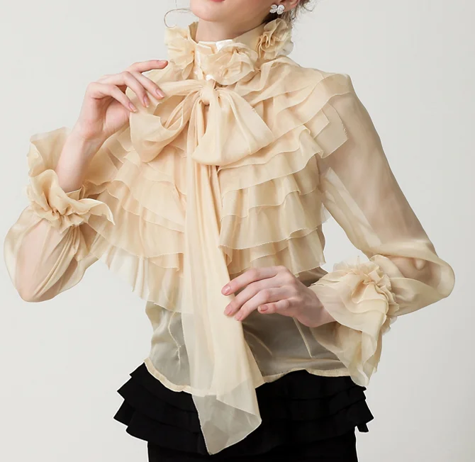 apricot long sleeve Nancylim многослойная шифоновая, с завязывающимся бантом блузка рубашка Для женщин Весна, лето, осень тонкие Блузы с длинным рукавом для девочек, топы - Цвет: apricot long sleeve