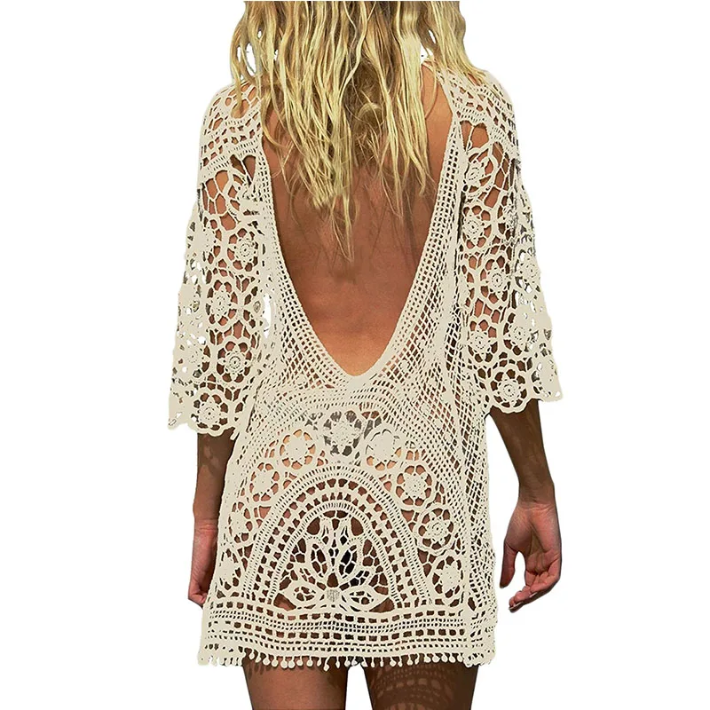 bathing suit wrap skirt Sexy Women’s Bathing Suit Cover Up Crochet Lace Bikini Bathing Suit Swimsuit Smock Knitting Swimwear Mesh Beach Dress Tunic Robe long flowy beach dress Cover-Ups