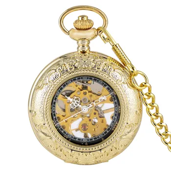 

Retro Gold Transparent Skeleton Mechanical Hand-Winding Mechanical Pocket Watch Roman Numerals Gentleman Pendant Pocket Clock