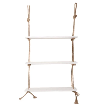 

3 Tier Wooden Hanging Shelf Swing Rope Floating Shelves Jute Rope Wall Display Rack White