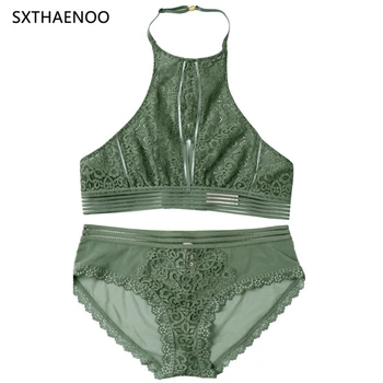 

SXTHAENOO Sexy Wire Free Halter Lace Bra Set Push Up Lingerie Bralette Women 2 piece Underwear Set Solid Color Bras and Panties