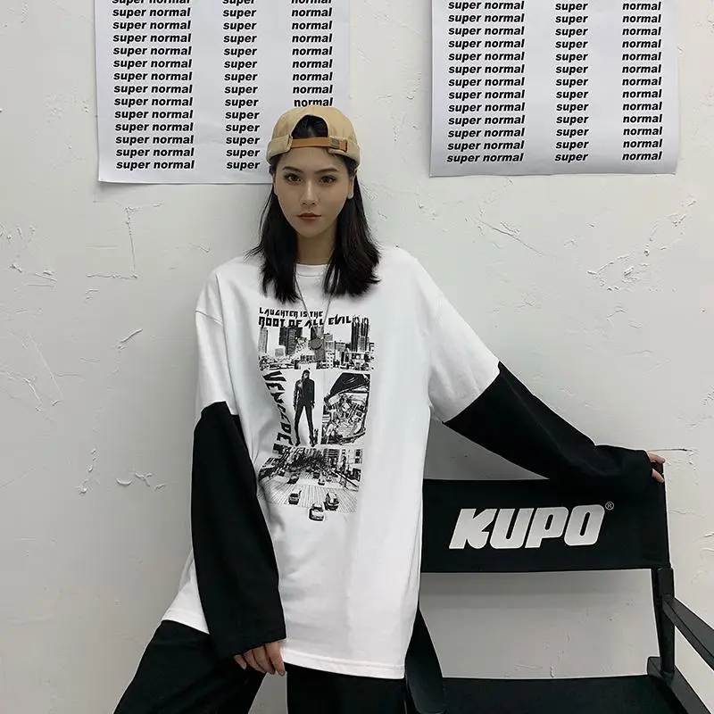 

Cool Cartoon Print Japan Harajuku white Black Hip Hop T-shirts Men Women Spring Fake Two Piece Long Sleeve Loose T Shirt Women