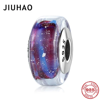 

925 Sterling Silver Purple blue gradient Cylindrical shape Murano Glass Charms beads Fit Original JIUHAO Charm Bracelet Jewelry