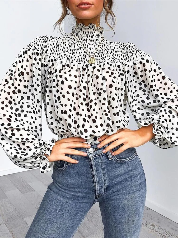 

2019 Autumn Women Elegant Dots Leisure Shirt Female Fashion OL Basic Top Leopard Print Lantern Sleeve Casual Blouse