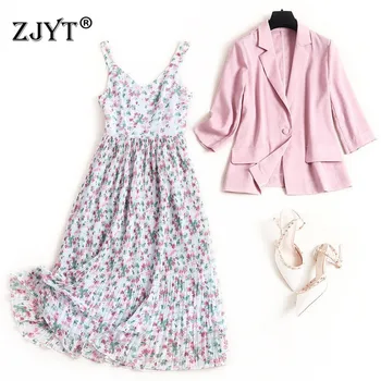 

Elegant Office Lady Spring Dress 2piece Set 2020 New Designers Women Notched Collar Blazer and Floral Print Strap Chiffon Dress