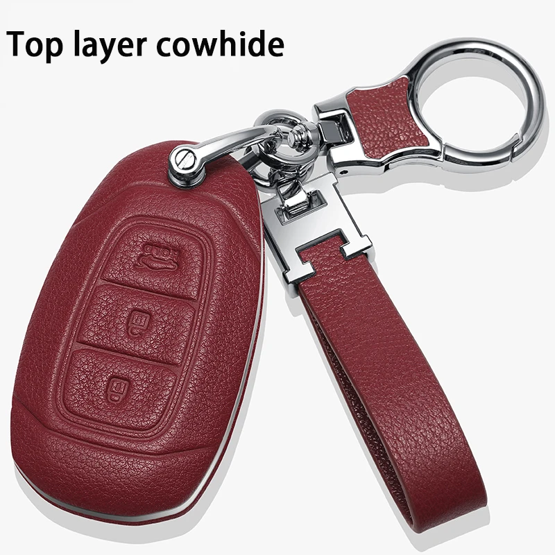 

For Kia K2 K5 For Hyundai Genesis Equus Elantra Veloster Sonata Genuine Leather Car Key Case 4 Buttons Keychain Covers