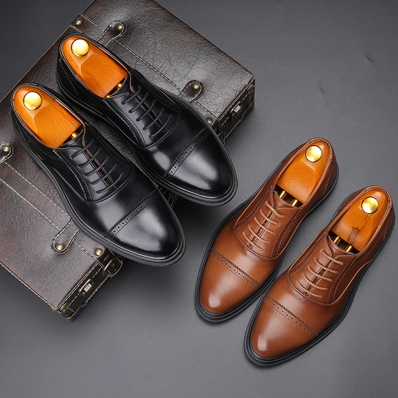 

Yomior Fashion New Real Cow Leather Pointed Toe British Business Office Formal Dress Shoes Flats Wedding Brogue Shoes Breathable