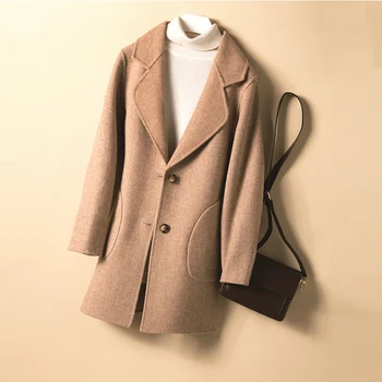 

High Quality Medium Long Handmade Double Sided Wool Coat Women Slim Elegant Office Lady Suit Collar Wool Jacket Female Outwear