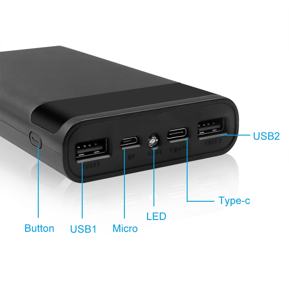 Power Bank Case Dual USB Micro USB Type C DC 5V DIY 6*18650 Battery Charge Storage LED Display Flashlight