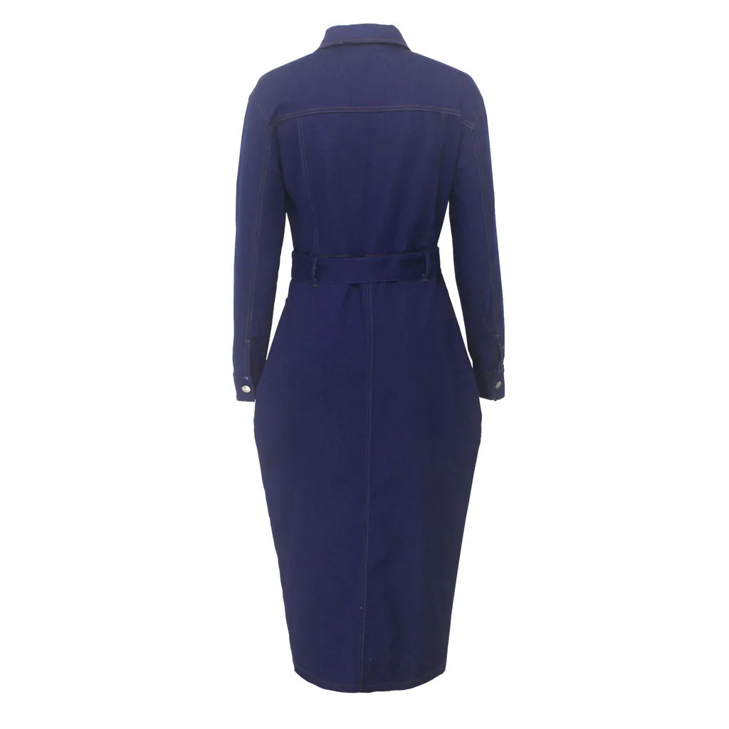 Best Price UZwvh Women Plus Size Denim Dress Spring Casual Long Sleeve Turn Down Neck Pockets Midi Dress Ladies Sashes Button Solid Dresses Robe
