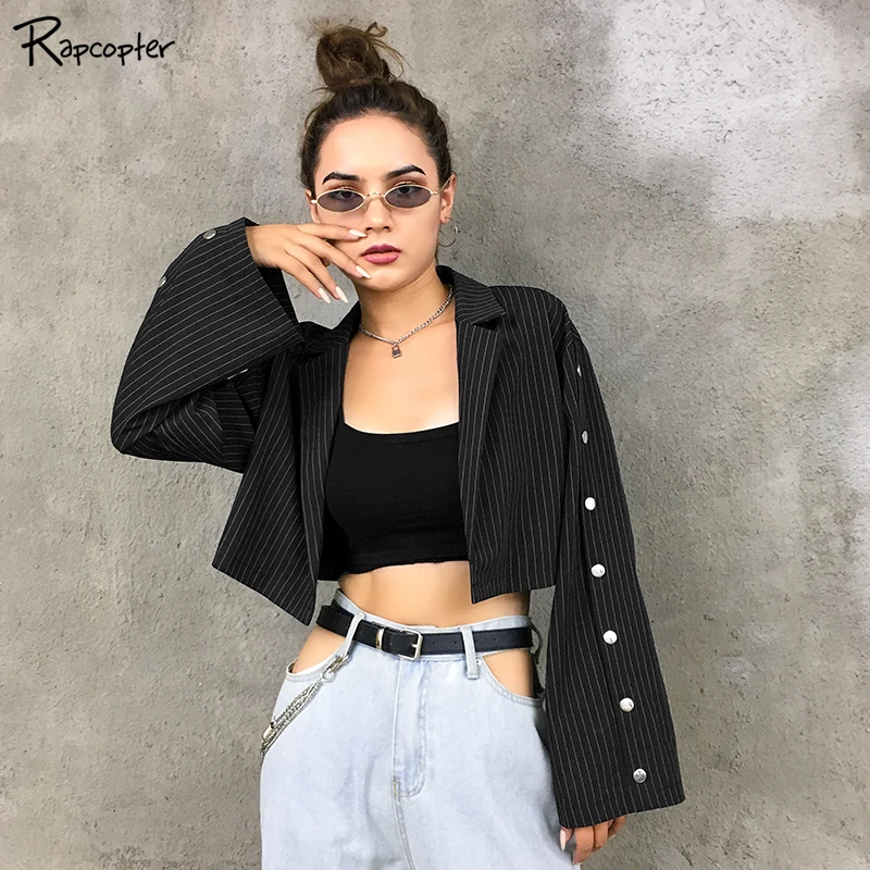 

Rapcopter Buttons Office Style Women Striped Suit Fashion Turn-down Collar Open Stitch Loose Jackets Ladies Harajuku Crop Suits