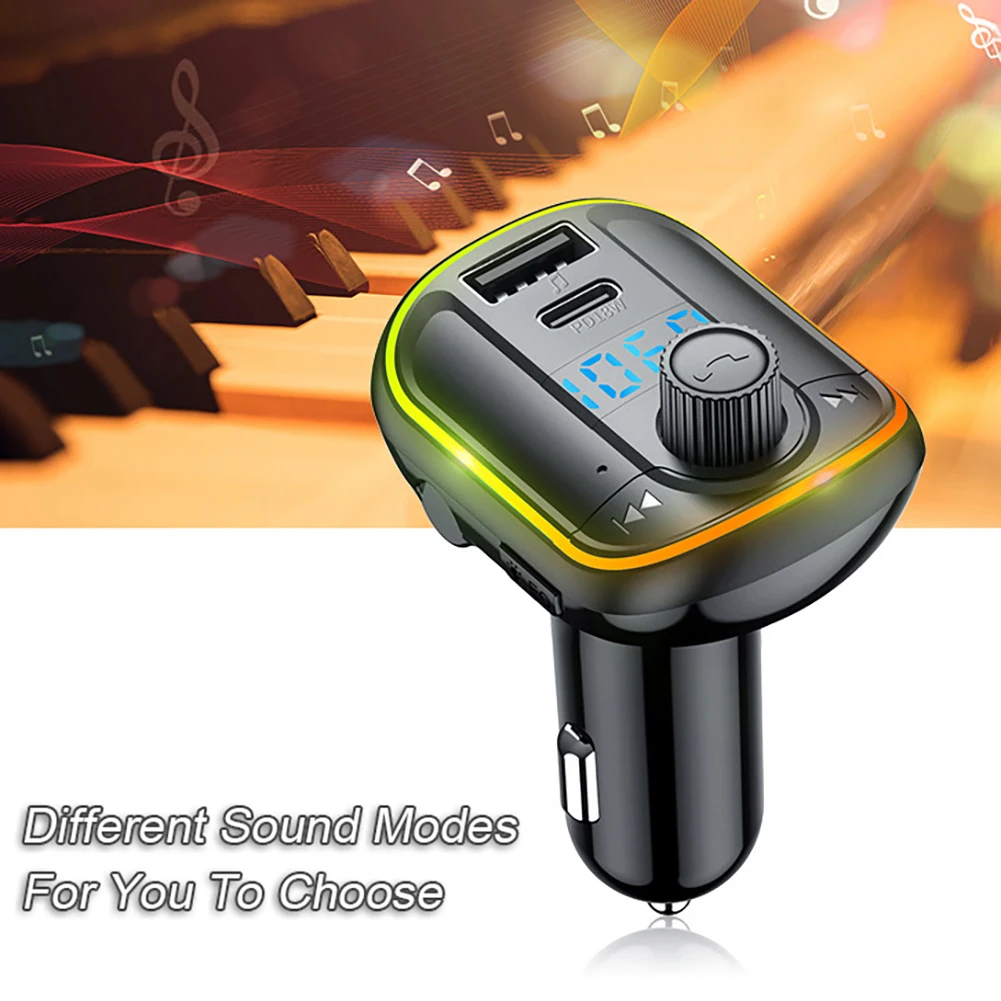 

18W FM Transmitter Handsfree Colorful Atmosphere Light Bluetooth5.0 Car Kit MP3 Player With Dual USB Car Charger