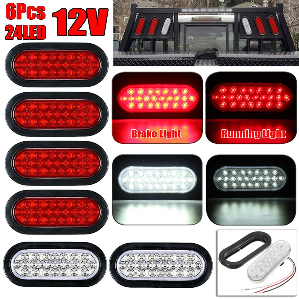 

Replacement Brake Light 6pcs Set Oval 24LED Trailer Tail Stop Brake Turn Signal Backup Shock resistant