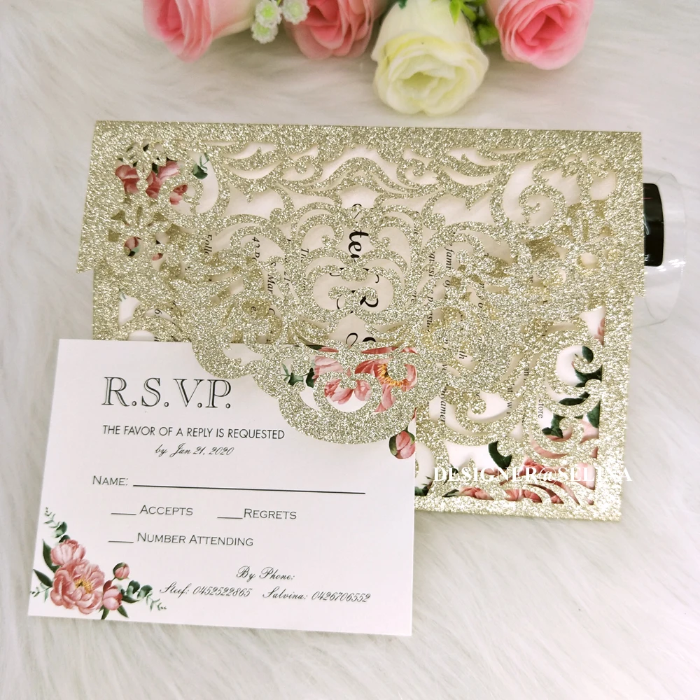 Сердечно приглашая-розовое золото Лазерная резка, для свадьбы набор приглашений DIY блестящие приглашения на выпускной день рождения