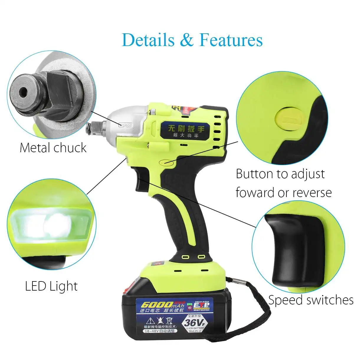 

36V 320N.m Lithium-Ion Battery Brushless Cordless 1/2" Impact Wrench Power Tool 6000mAh EU Plug with 2 Rechargeable Battery