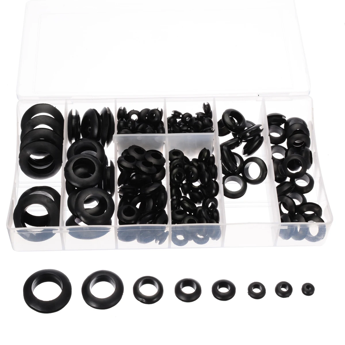 

200pcs/box Rubber Grommet Assortment Set 8 Sizes Retaining Ring Set Electrical Wire Cable Gasket Kits for Hardware Tools
