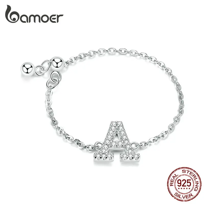 

bamoer Sterling Silver 925 Chain Adjustable Rings for Women Clear CZ Letter Alphabet Finger Ring Fashion Name Jewelry SCR601