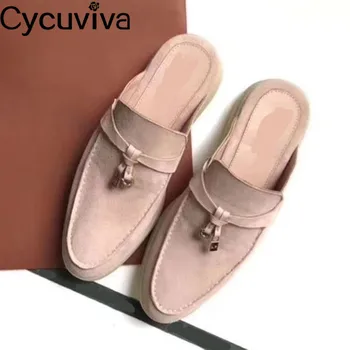 

Chic Metal Lock Decor Women Slippers Kid Suede Toe-Covering High Top Casual Shoes Woman Runway Slides Gladiator Flat Slippers