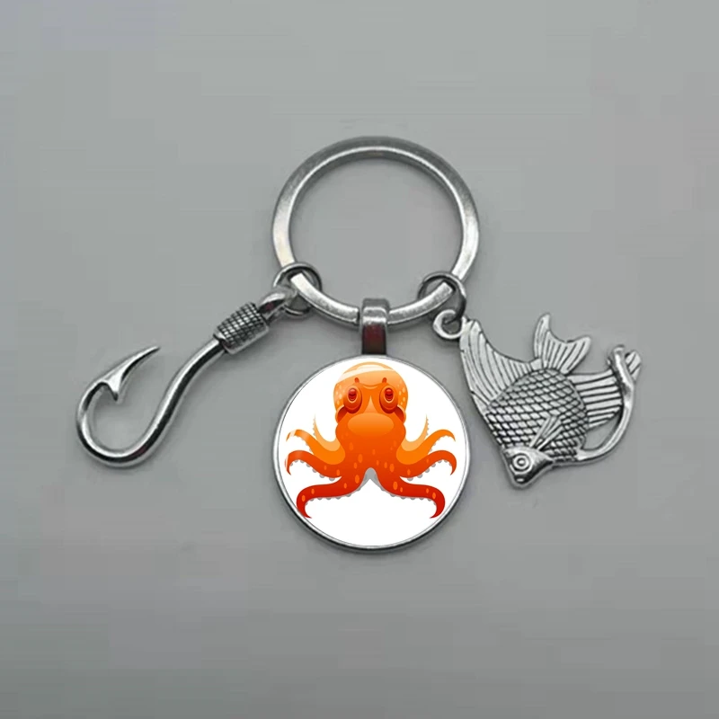 1 fishhook fishing keychain key ring convex round glass fishhook keychain  jewelry father's day gift - AliExpress