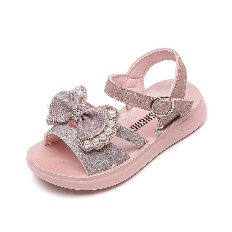 Sandalias de verano para niñas, zapatos de moda para niños, estilo coreano, princesa suave, color rosa sólido, perlas con lazo, Mary Jane, novedad de 2022|Sandalias| - AliExpress
