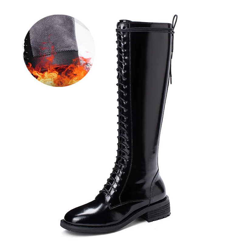 Black Patent Leather ROBESPIERE, новые сапоги до колена на шнуровке женские черные сапоги из натуральной кожи на квадратном каблуке теплые плюшевые зимние сапоги большого размера 43, B164 - Цвет: Black Patent Leather