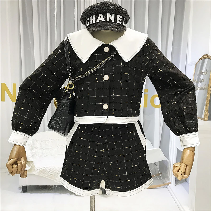 

2019 Winter 2 Piece Sets Womens England Style Plaid Single Breasted Turn-down Collar Elastic Waist Cropped Jackets+shorts