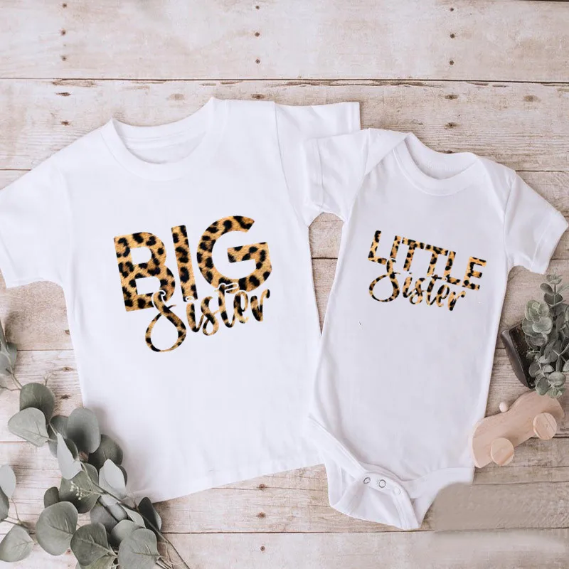 Big Sister Little Family Matching Outfits Clothes Fashion Leopard Print Kids T-shirts Girls T shirt Toddler Baby Rompers | Мать и ребенок